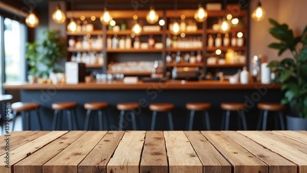 Fototapeta Rustic wooden table with blurred bar scene hanging lights and greenery create a warm inviting ambiance