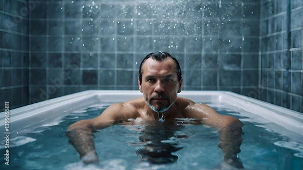 Fototapeta Man in ice bath, experiencing cold water therapy benefits and challenges