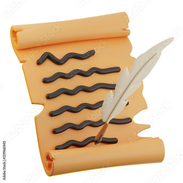 Fototapeta 3D illustration of Quill Pen & Scroll