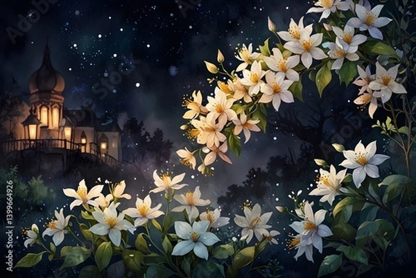 Fototapeta A night scene with jasmine flowers illuminated by fairy lights in watercolor style
