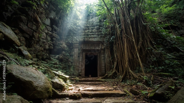 Fototapeta Mystical Ancient Temple Ruin with Massive Tree Roots Growing Through Ceiling