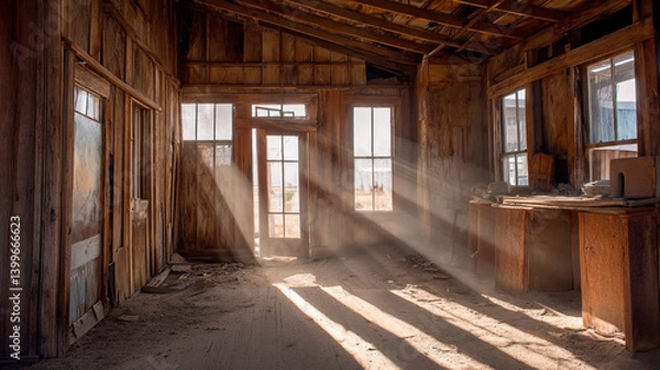 Fototapeta Atmospheric Sunlit Abandoned Room with Warm Light Through Historic Windows