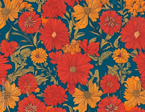 Obraz Red Orange Floral Pattern AI Art