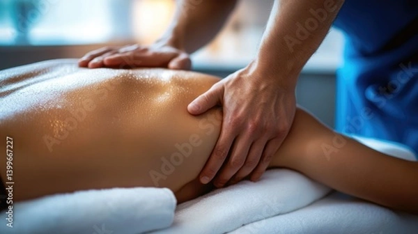 Fototapeta A therapist performs a therapeutic massage on a client's back, promoting relaxation and stress relief in a tranquil setting