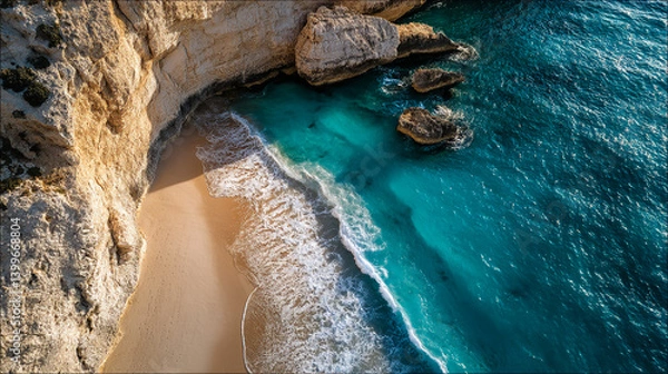 Fototapeta Aerial View of Pristine Turquoise Beach Cove with Rocky Coastal Formation