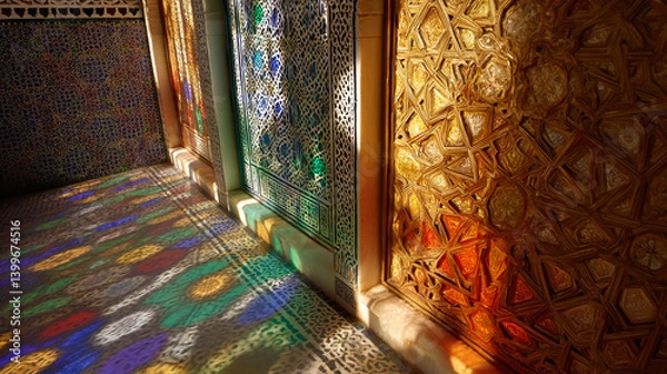 Fototapeta Ancient Temple Interior with Mystical Colorful Light Streams