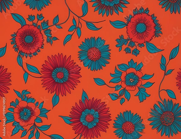 Obraz Red Orange and Teal Floral Pattern AI Art