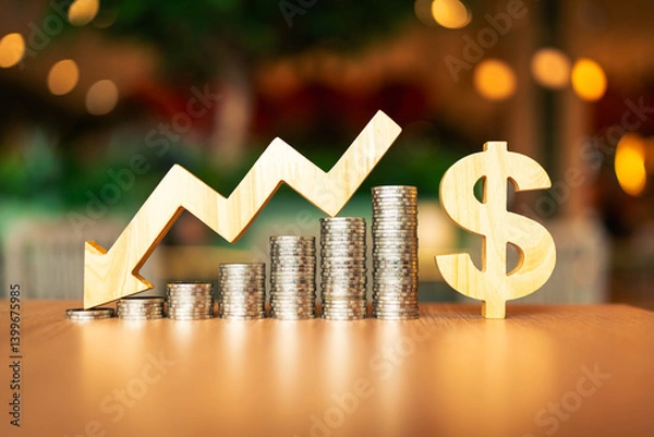 Fototapeta A downward arrow next to a dollar sign and a shrinking pile of coins represent the concept of the dollar's depreciation caused by higher tariffs.