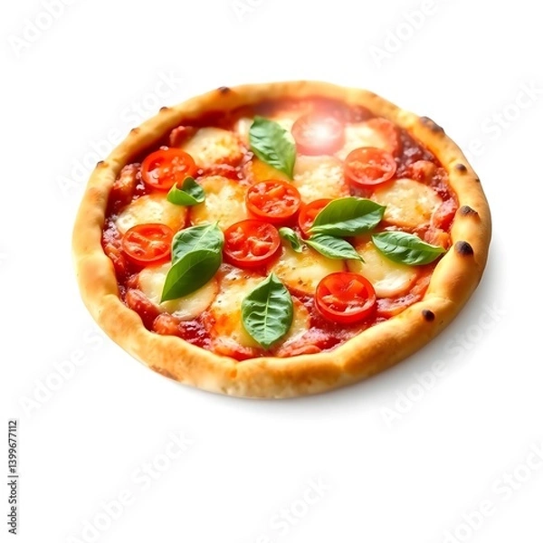 Fototapeta op View of Delicious Italian Pizza with Mozzarella, Cherry Tomatoes, and Basil on Wooden Board