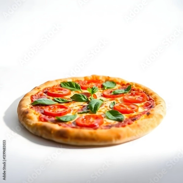 Fototapeta op View of Delicious Italian Pizza with Mozzarella, Cherry Tomatoes, and Basil on Wooden Board