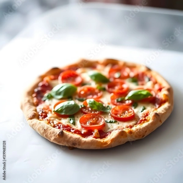 Fototapeta op View of Delicious Italian Pizza with Mozzarella, Cherry Tomatoes, and Basil on Wooden Board