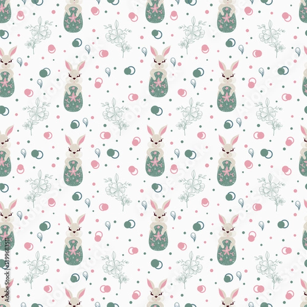 Fototapeta Easter cute rabbit and line wild flowers seamless pattern. Create kids fabric, card and banner. Vector illustration
