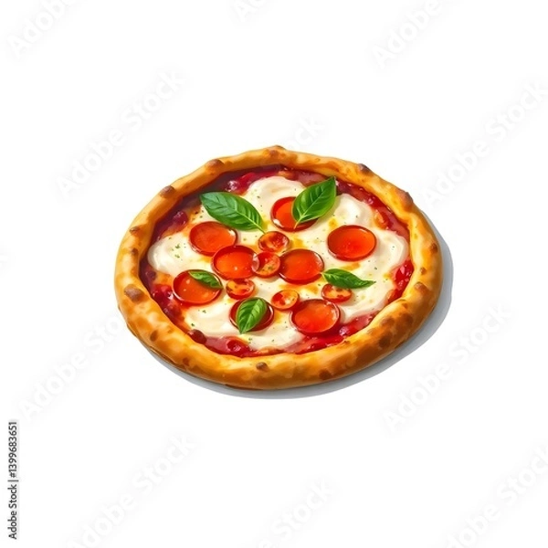 Fototapeta op View of Delicious Italian Pizza with Mozzarella, Cherry Tomatoes, and Basil on Wooden Board