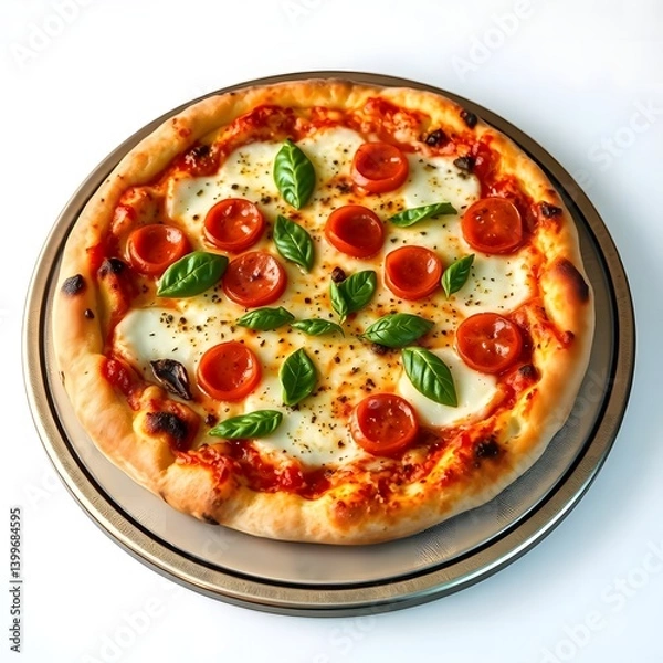 Fototapeta op View of Delicious Italian Pizza with Mozzarella, Cherry Tomatoes, and Basil on Wooden Board