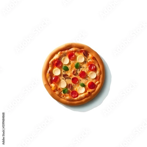Fototapeta op View of Delicious Italian Pizza with Mozzarella, Cherry Tomatoes, and Basil on Wooden Board