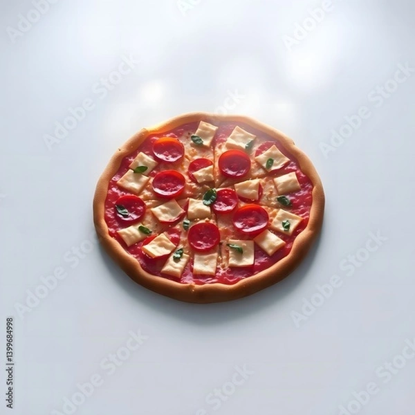 Fototapeta op View of Delicious Italian Pizza with Mozzarella, Cherry Tomatoes, and Basil on Wooden Board