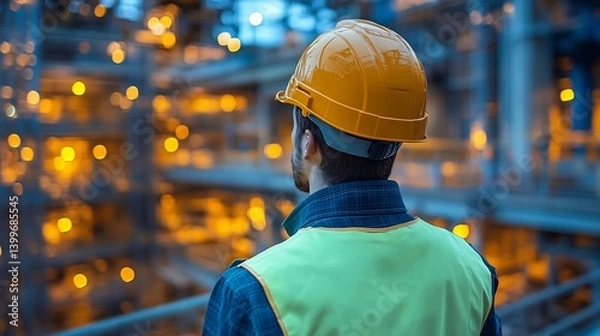 Fototapeta Engineer at Oil Refinery with Focused, and Night.
