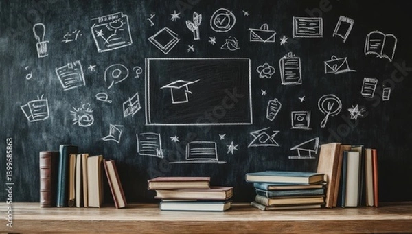 Fototapeta Chalkboard Education.  Diverse learning tools and knowledge displayed on a classroom blackboard, with books arranged neatly on a wooden surface