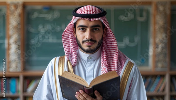 Fototapeta Middle Eastern Man in Traditional Arab Attire Reading an Open Book in a Scholarly Library Setting