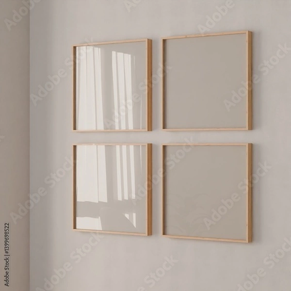 Fototapeta Mockup frame square wood, four frame poster empty close up in home design, interior wall element mockup, 3d render