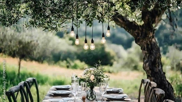 Obraz Rustic outdoor dining under olive trees