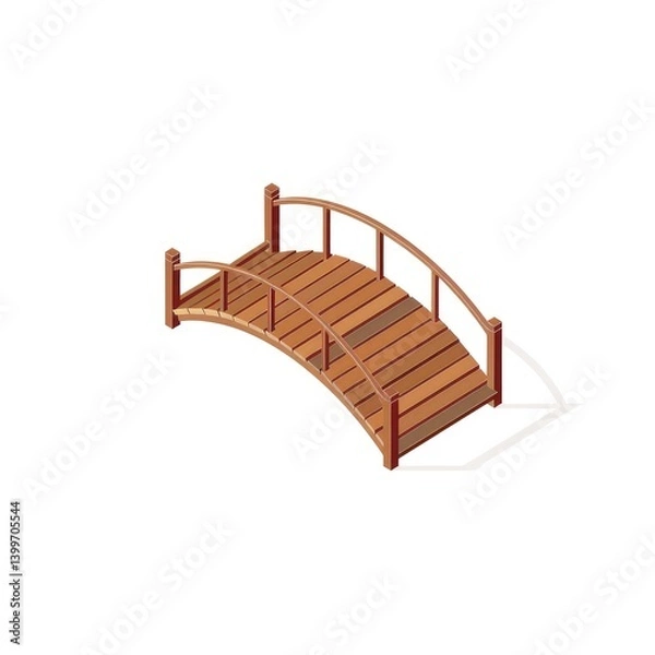 Fototapeta Wooden arched bridge illustration.  A simple, stylized, isometric representation of a wooden bridge with a curved top.  The bridge's planks, supports, and railings are detailed, yet simplistic