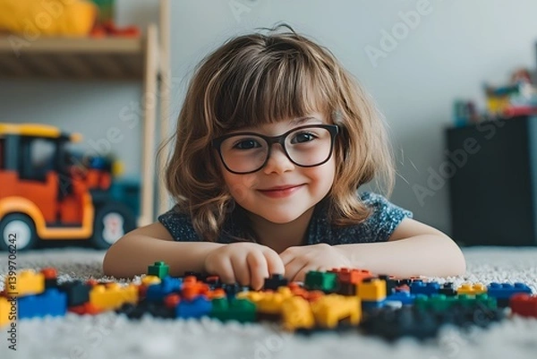 Fototapeta Young girl is laying on the floor with a pile of colorful legos in front of her. She is smiling and she is enjoying herself