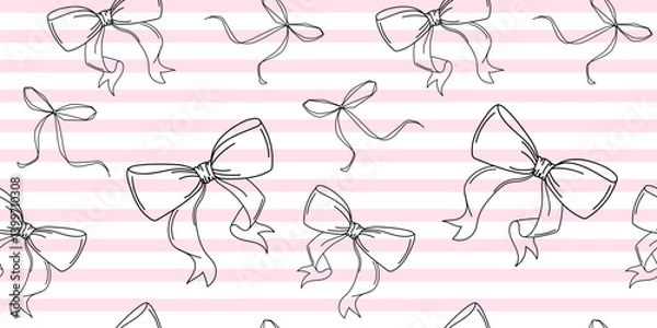 Fototapeta Seamless Bow Pattern with Pink Striped Background.Seamless pattern featuring hand-drawn black bow vector illustrations on a soft pink and white striped background