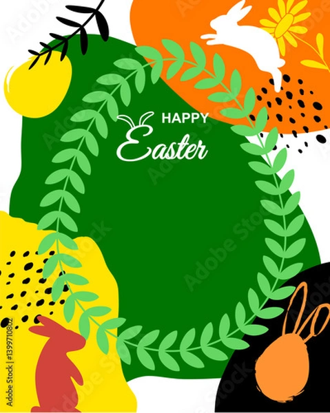 Fototapeta Happy easter. Celebration. Easter egg and bunny ears on colorful background. Vector.