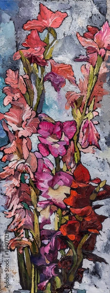 Obraz Oil painting still life with  irises flowers On  Canvas with  texture in in the grayscale