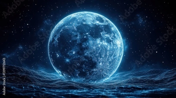 Fototapeta Cosmic Earth, Night Moon, Futuristic Landscape, Digital Art