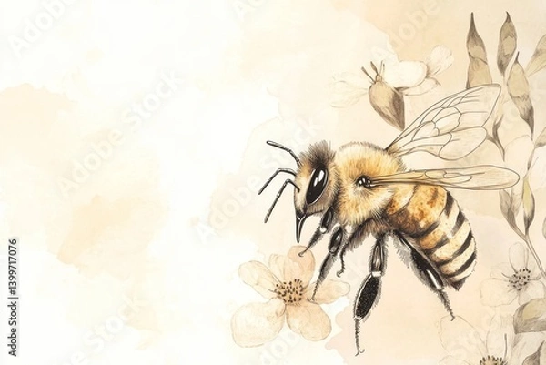 Fototapeta Bee pollinating flower, watercolor art, nature background, spring design