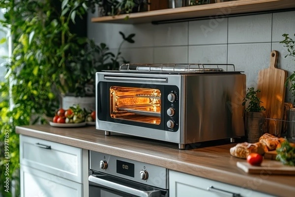 Fototapeta A toaster oven on a kitchen counter with ample space for text on the right
