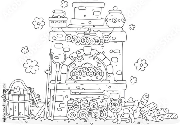 Fototapeta Traditional sweet festive pie backed in a village wood oven from an old fairy tale, black and white outlined vector illustrations for a coloring book