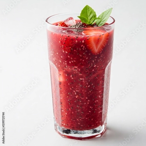 Fototapeta Refreshing strawberry chia seed smoothie garnished with basil and ice cubes