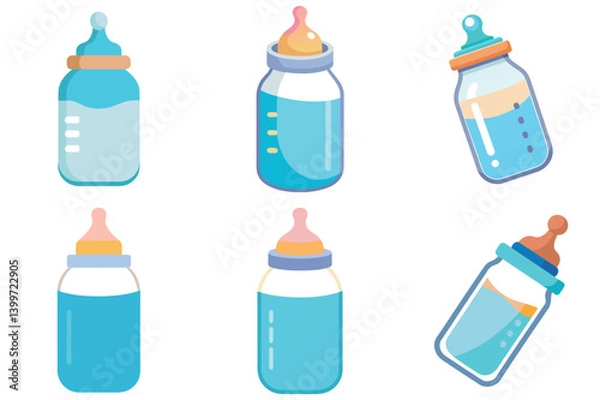 Fototapeta Collection of Six Different Baby Bottles with vector illustration Various Designs and Colors for Infant Feeding