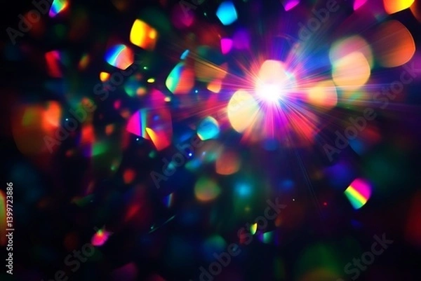 Obraz Blurred rainbow refraction overlay effect. Light lens prism effect on black background. Holographic reflection, crystal flare leak shadow overlay. Colorful rainbow disco ball light leaks texture