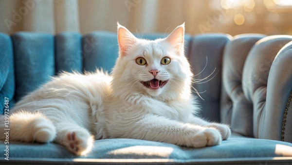 Fototapeta A happy, fluffy white cat with a smiling expression relaxes on a light blue sofa in a bright, sunlit room.