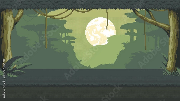 Fototapeta 2d pixel night tropical forest landscape. 8-bit pixelated nighttime scene featuring lush tropic wood with vibrant greenery, hanging lianas and a serene moon in sky.
