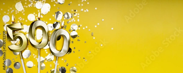 Fototapeta 500 followers card. for social networks and blogs. Golden candles number five hundred on yellow background. followers card. 500 online community fans and subscribers. banner. copy space
