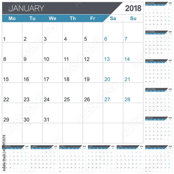 Obraz Calendar 2018 / English calendar template for year 2018, set of 12 months, week starts on Monday, printable calendar templates