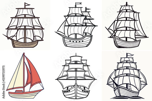 Fototapeta Collection of Six Different Vintage Sailing vector illustration Ships Illustrations Various Styles and Designs
