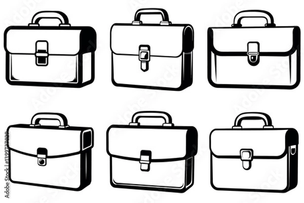 Fototapeta Collection of Six Different Briefcase vector illustration Designs in Black and White