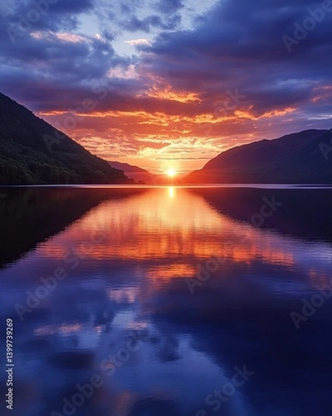 Fototapeta Breathtaking sunset over Loch Ness creates stunning reflections on tranquil waters during National Tartan Day celebration