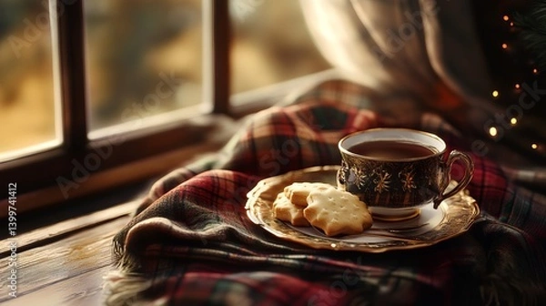 Fototapeta Cozy Scottish tea setting features shortbread cookies on a tartan napkin near a window during National Tartan Day