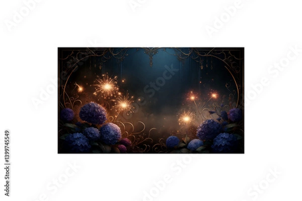 Obraz 火が灯る夏の夜 – アジサイとゴシック装飾の幻想背景素材