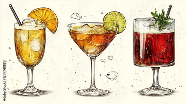 Fototapeta Refreshing summer cocktails illustration with orange lime and mint garnish for menu and bar design art 100