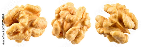 Fototapeta Walnut isolated png. Walnut kernel on transparent background. Perfect retouched peeled broken walnut nut no background. Walnut half top view collection. Full depth of field.