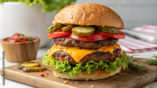 Fototapeta Vibrant Hamburger with Strong Intensive Colors on White Background