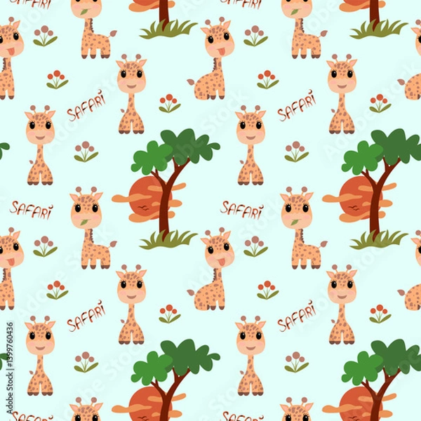 Obraz Cute giraffe and acacia tree pattern with "Safari" text on a light blue background. Playful African wildlife design for textiles or children's products. Vector.